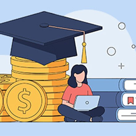 Illustration of stacked gold coins topped with a graduation cap beside a person using a laptop and a stack of books.