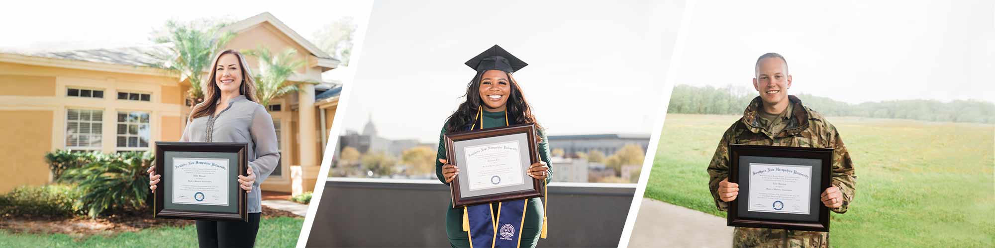 SNHU graduates holding their diplomas
