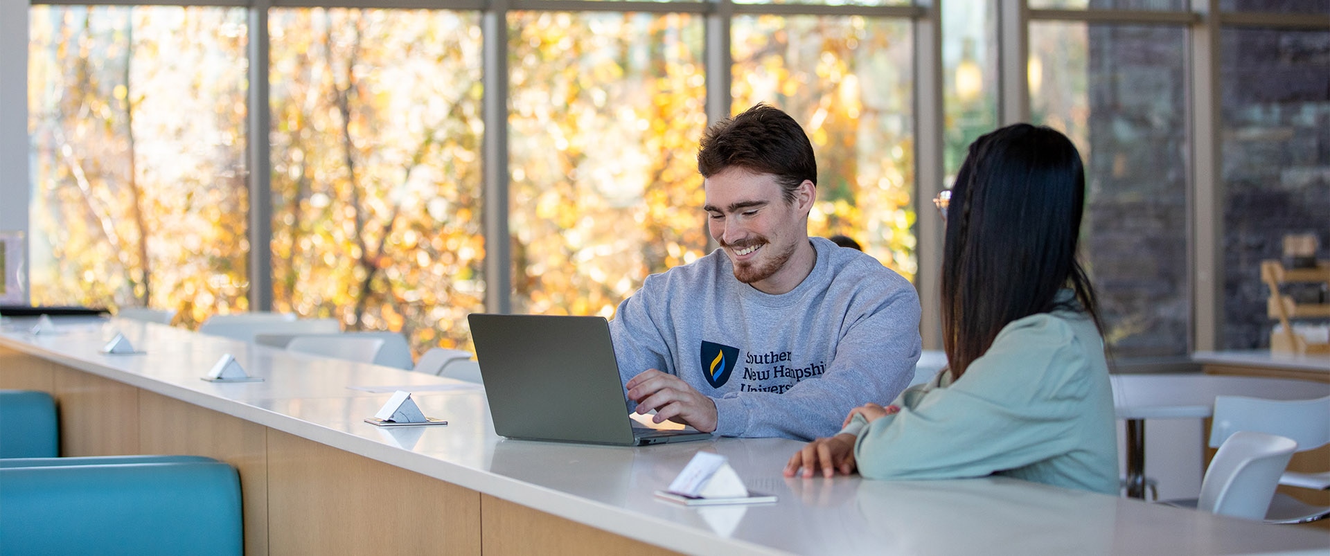 Two students sitting together in a study space, looking at a laptop.