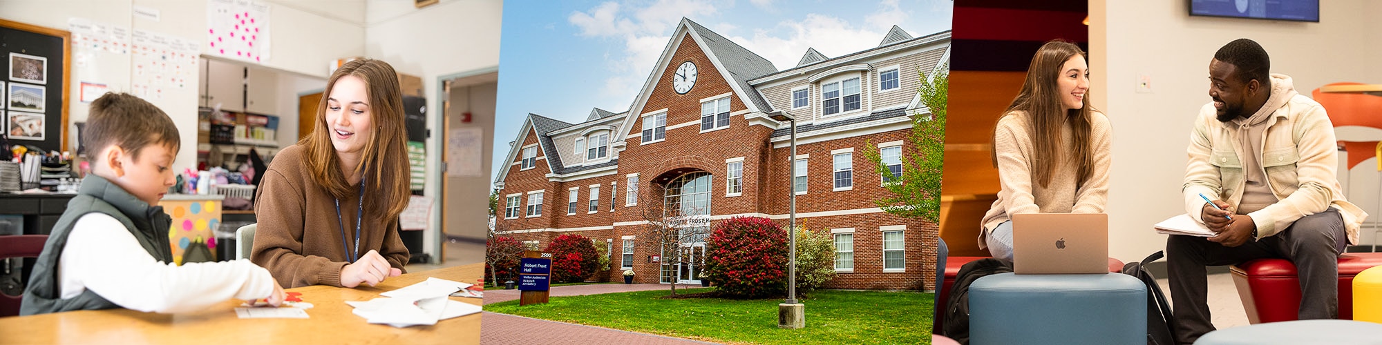 A collage of three images, one of a teacher and young student, one of Robert Frost Hall, the School of Arts, Sciences, and Education facility, and one of two students working together.